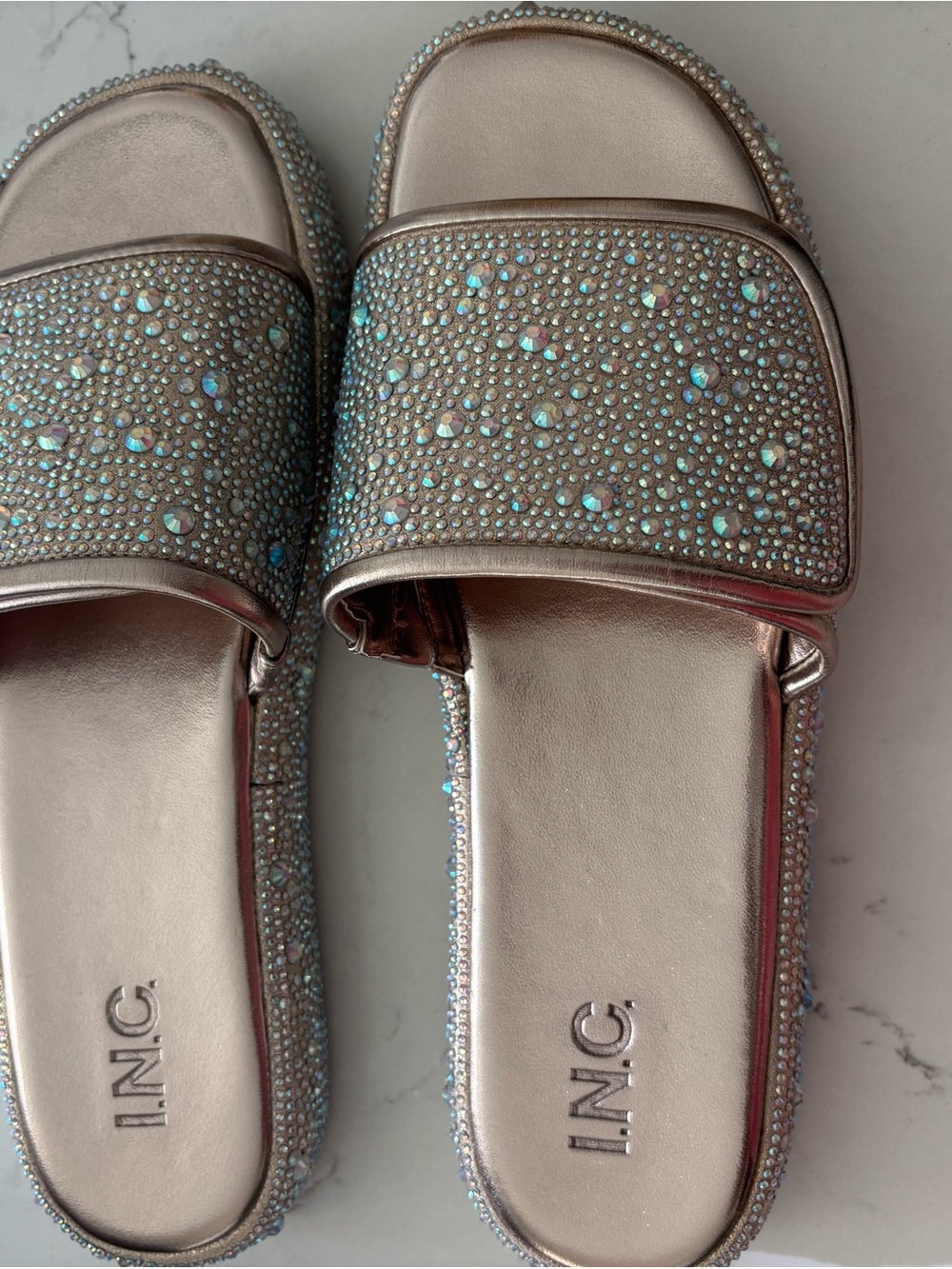 INC International Concepts Metallic Crystal Embellished Slide Sandals - Rose